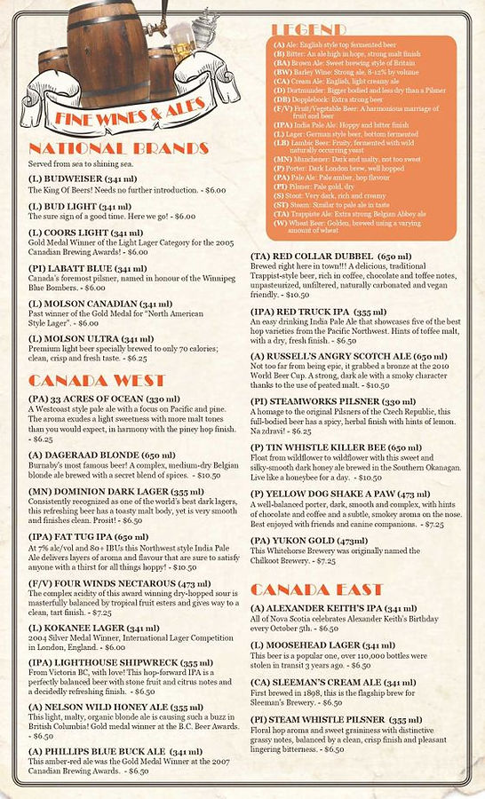 Fine wines & ales menu